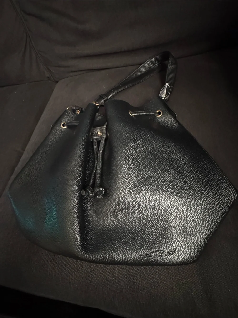 Bella Russo Black Pebbled Bucket Bag, Drawstring/Zip, Detachable Pouch, Gold